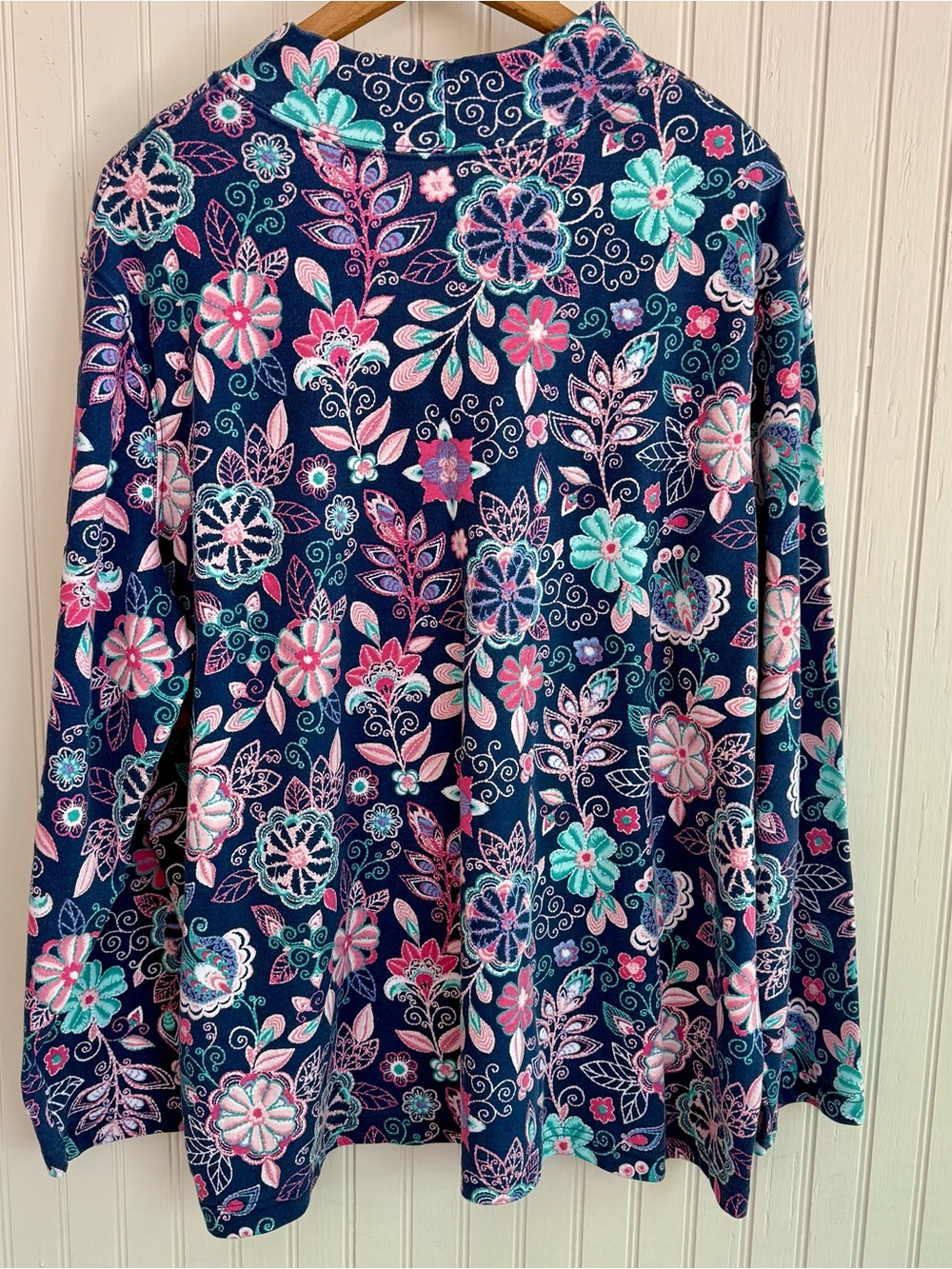 Blair Navy Cotton Floral Long Sleeve Top Size 2X Mock Neck - Picture 3 of 4